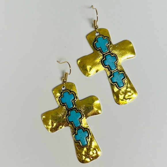 Golden hammered cross with 3 blue crosses laid vertically. 2” x 1.5”.  NIP. Nice - Picture 7 of 7